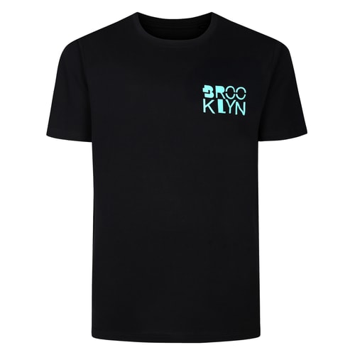 Front view of black T-shirt with small Brooklyn chest print.